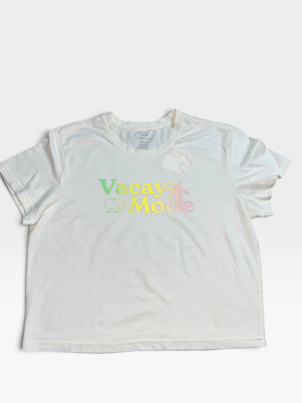 Ivory Ella White Vacay Mode Elephant Crop Graphic T-Shirt Size Large